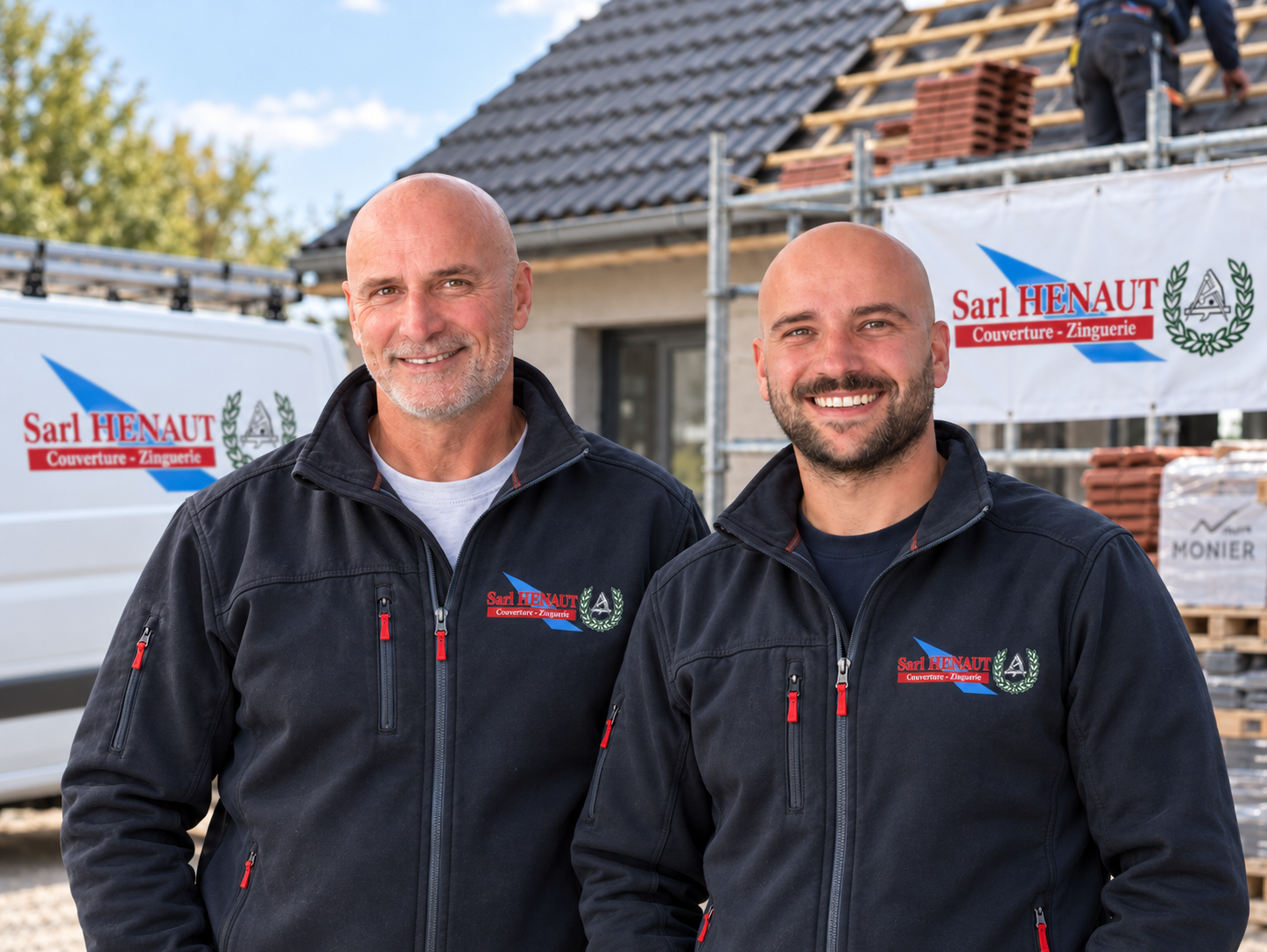 Claude et François Hénaut, père et fils, devant un chantier à Cousolre