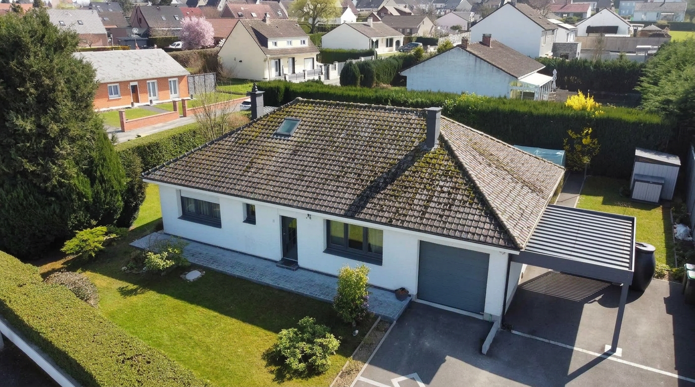 Avant travaux — Pavillon dont la toiture moussue a été remplacée par des tuiles neuves