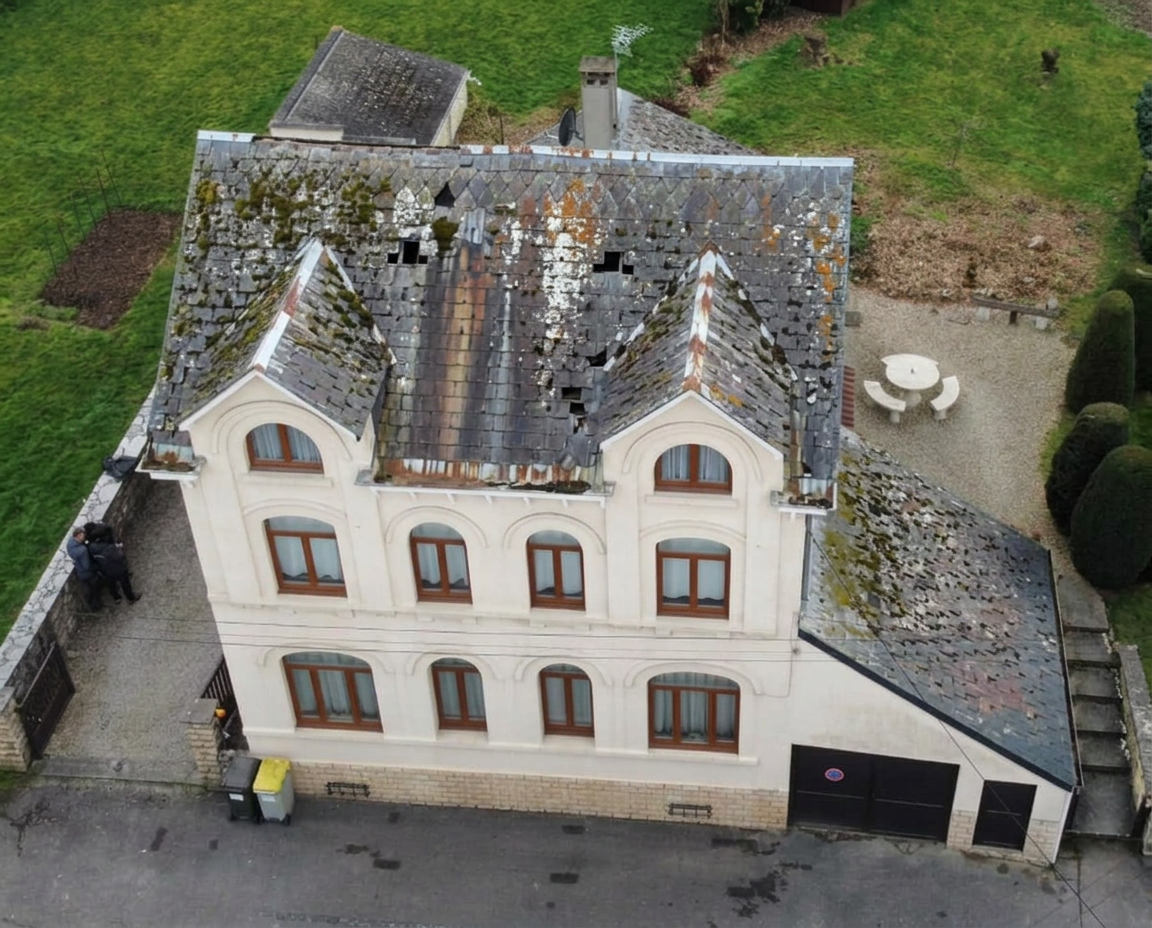 Avant travaux — Manoir dont la toiture dégradée a été restaurée en ardoise
