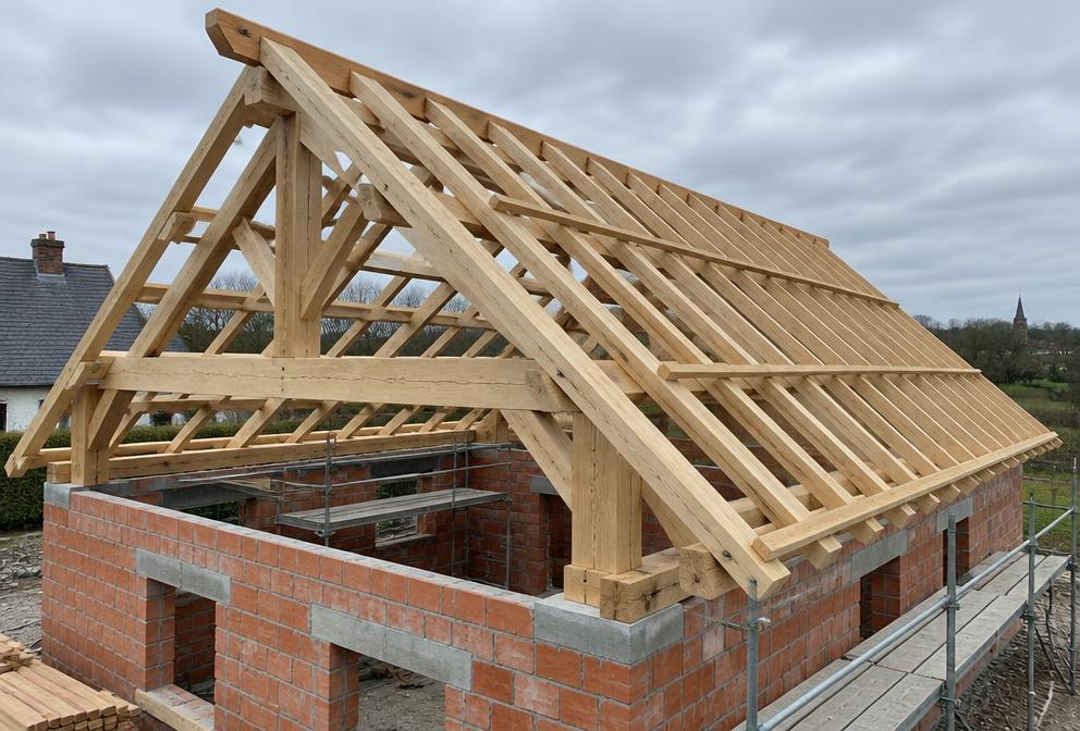 Charpente traditionnelle en chêne sur maison en brique