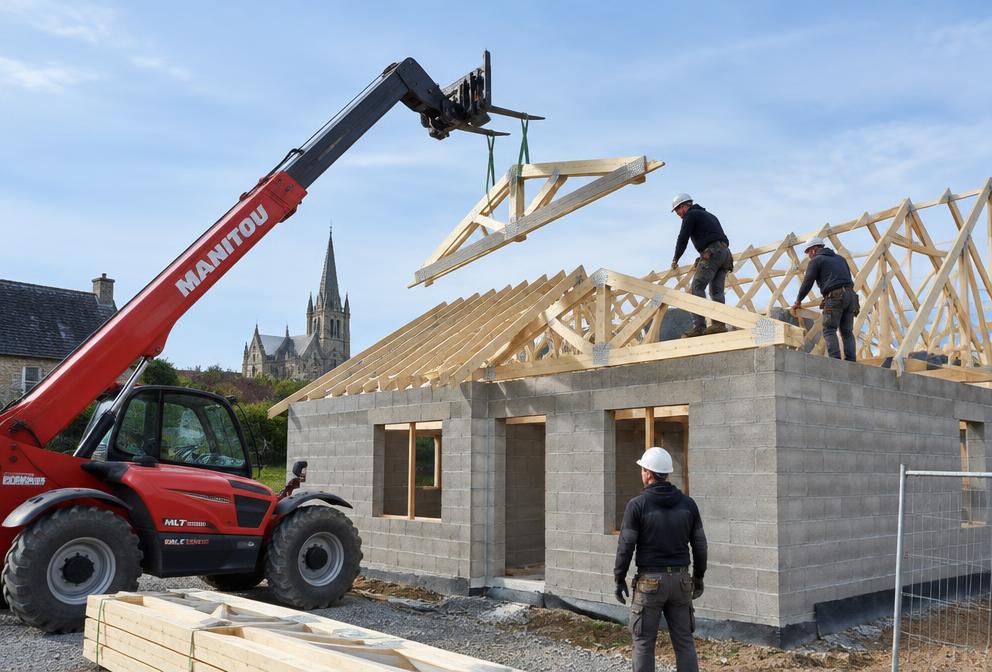Levage de fermettes au Manitou sur maison neuve